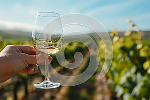 Hand holding a glass of white wine in a vineyard at sunset