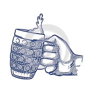 Hand holding glasses of beer line art vector illustration