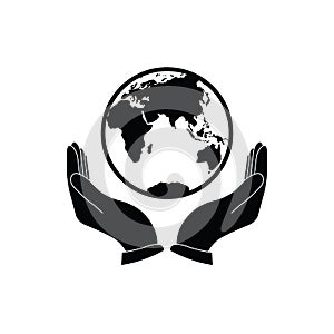 Hand holding Globe earth - black vector icon. Care of planet icon
