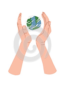 Hand holding Globe earth on white background. Vector eco design for social poster, banner or card on the theme of saving the world