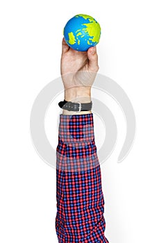 Hand holding globe on white background