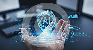 Hand holding glowing AI icon with digital interface elements