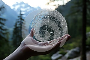 Hand holding glowing digital network concept