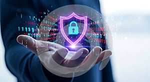 Hand holding glowing digital shield and binary code data technology security