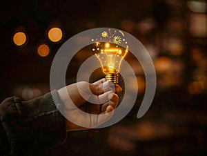 Hand holding a glowing lightbulb with creative symbols, concept of idea and innovation