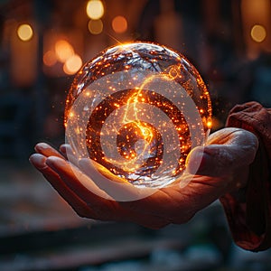 Hand holding a glowing orb symbolizing energy