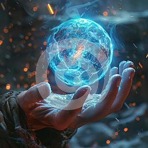 Hand holding a glowing orb symbolizing energy