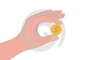 Hand holding gold coin. Business success, profit, finance, making money concept. Coin with dollar sign. Flat style vector