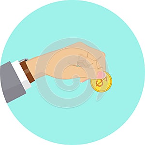 Hand holding gold coin with dollar sign. Vector illustration.