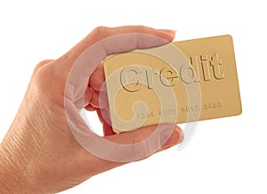 Hand Holding Gold Credit Card with Text on White