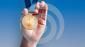 Hand holding gold medal with number 1 on blue background. Generative AI