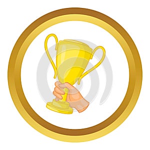 Hand holding gold trophy cup vector icon