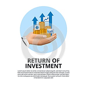 Hand holding golden coin, chart, arrow growth return of investment ROI