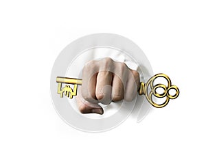 Hand holding golden treasure key in Euro symbol shape