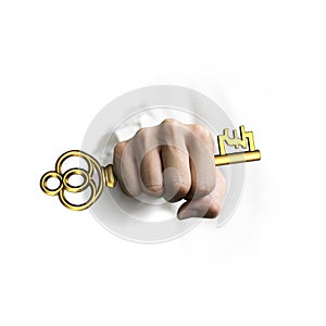 Hand holding golden treasure key in pound symbol shape