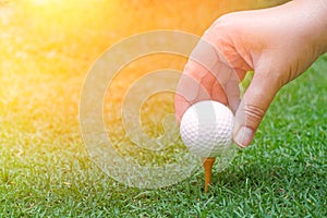 Hand holding golf ball on green grass with golf ball close-up in soft focus at sunlight. Sport playground for golf club