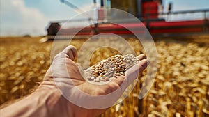 Hand Holding Grain in Front of Tractor