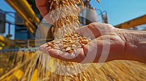 Hand Holding Grain in Front of Tractor