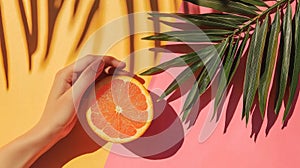 Hand holding grapefruit slice with tropical leaves photo