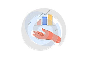 Hand holding graph line. Growth chart in palm. Growing indicators. Progress arrow moves up. High arrow Business.