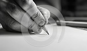 A hand holding a graphite pencil poised over a blank sheet of white paper