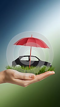 Hand holding grass patch with car silhouette and red umbrella, serene outdoor scene.