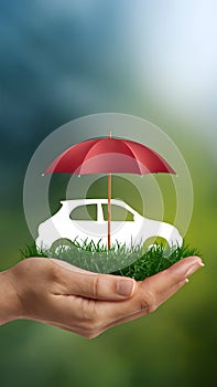 Hand holding grass patch with car silhouette and red umbrella, serene outdoor scene.