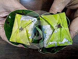 Hand holding green Betel quid or Paan