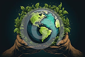Hand holding a green globe. Earth day concept. Earth day for posters, banners, prints, web. Save the earth. Environment