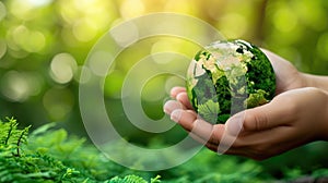 Hand holding a green painted globe in forest setting. World Environment Day