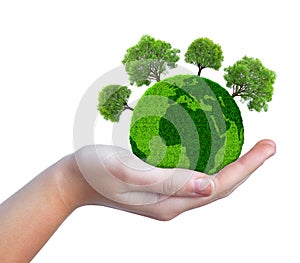 Hand holding green planet with trees