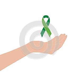 Hand holding a green ribbon on a white background with copy space