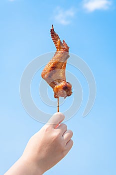 A Hand holding Grilled chicken wings on blue sky