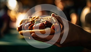 Hand holding grilled hot dog, unhealthy pub food, American culture generated by AI