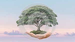 Hand Holding a Growing Tree in Open Sky