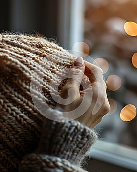 Hand holding a half-finished knit hat, cozy indoor lighting, close-up, focusing on stitch detail