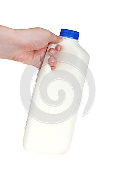 Hand holding half gallon of milk, isolated