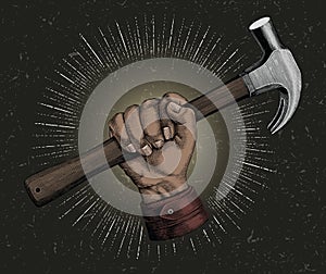 Hand holding hammer illustration vintage clip art for carpenter