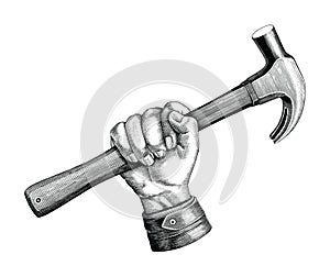 Hand holding hammer illustration vintage clip art for carpenter