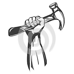 Hand holding a hammer, tools icon cartoon hand drawn vector illustration sketch