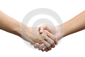 Hand holding hand isolated over white background -