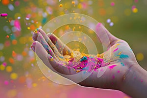 Hand holding handfuls of Holi powder colors, ready to add to the festivities of the festival