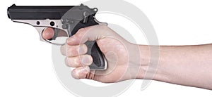 Hand Holding Handgun, Gun, Pistol, Weapon Isolated photo