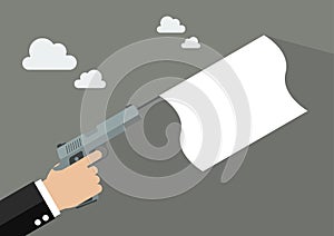 Hand holding handgun with a white flag