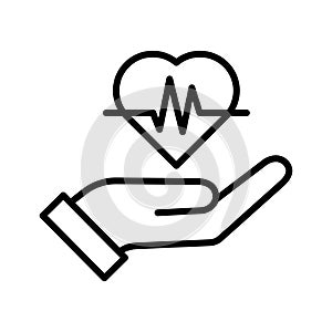Hand holding heart beat. Health symbol. Heart rhythm ekg. Pictogram isolated on a white background