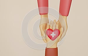 Hand holding a heart with a red cross symbol and holding another pair of hands