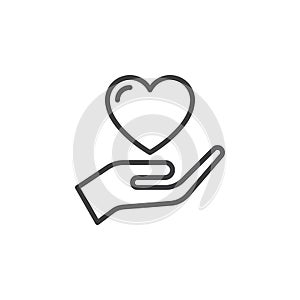 Hand holding heart, trust line icon, outline vector sign, linear style pictogram isolated on white.