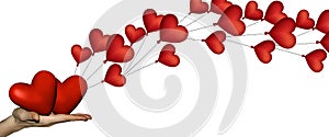 Hand holding hearts and heart shaped balloons on white background for Valentines day. Symbols of love for Happy Women`s, Mother`