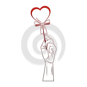 Hand holding heartshape lollipop pop art red lines