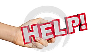 Hand holding the HELP 3d text